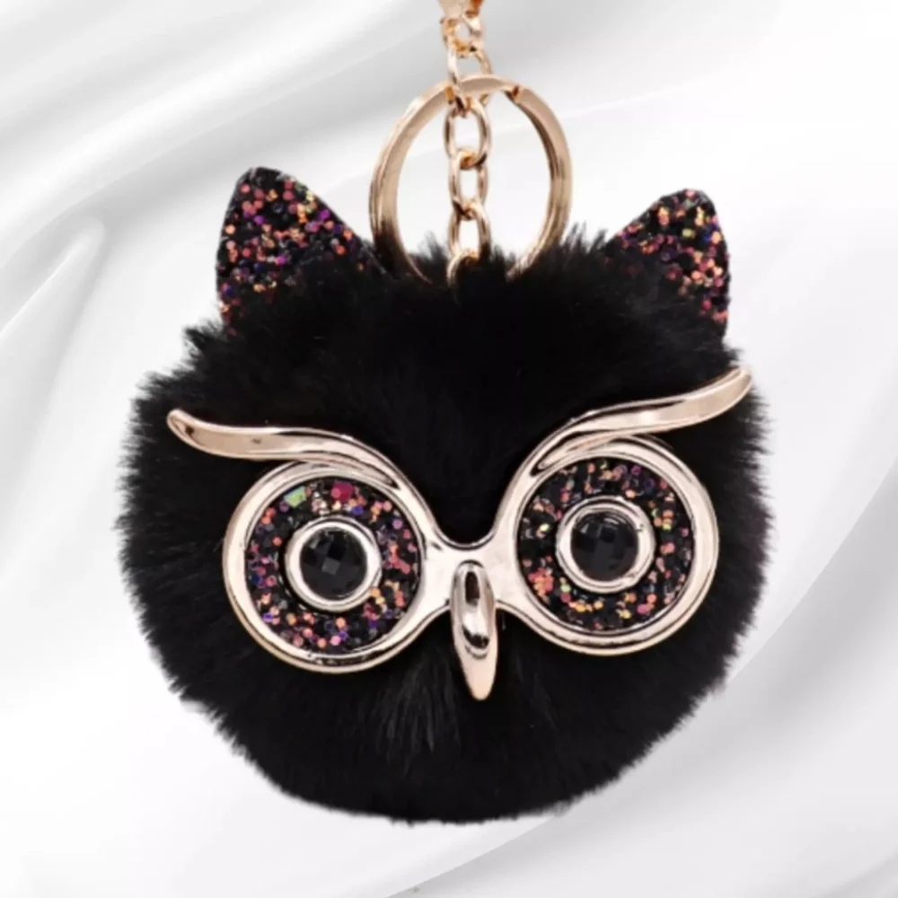 Black Fluffy‎ Owl Fur Pom Pom Keychain Faux Fur Black Pink Silver Eyes NWT